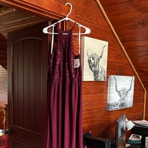 Burgundy Sequin Halter Dress